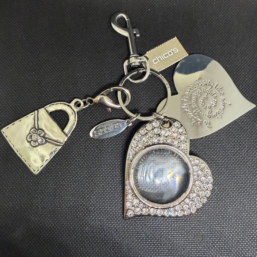 Chico's Charm Keychain Silver Rhinestone Heart Bag Engraved Handbag Bling Fob